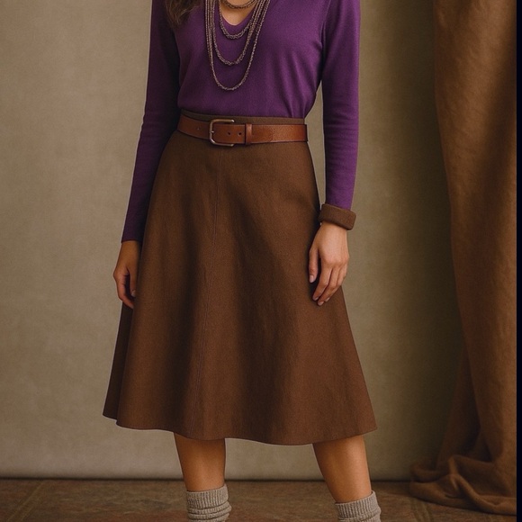 Vintage LRL 100% Linen Dark Brown A-Line Midi Skirt Lined – Fits Like 6/8 - Picture 2 of 12